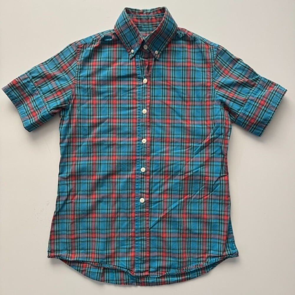 STEVEN ALAN Short Sleeve Button Down Shirt Womens Sz P Plaid Made USA Blue Top